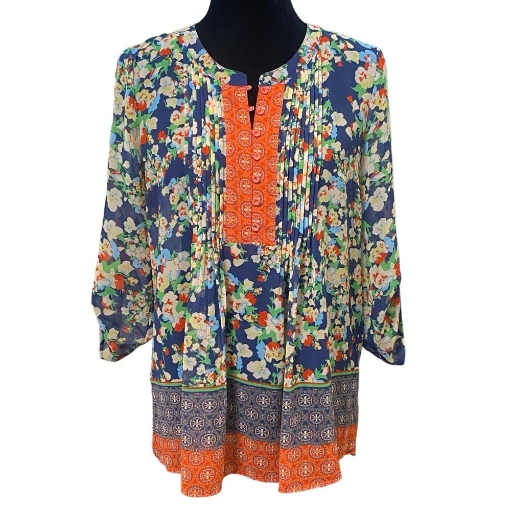Daniel Rainn Floral Boho Peasant Blouse Roll Tab Sleeve Sheer Top Small